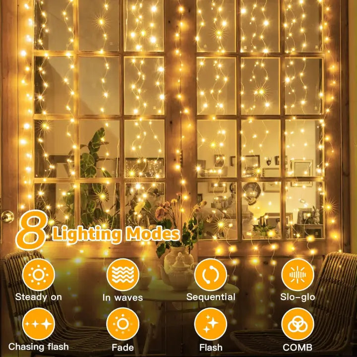 Ollny 300 LED 3m*3m USB Curtain Fairy Lights With Hooks Warm White