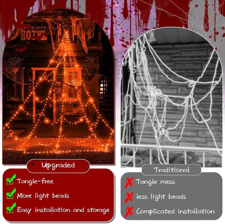 Ollny Orange Halloween Spider Net Lights 454 LED 5m (Black Cable, IP67 Waterproof, Plug in, 8 Modes)