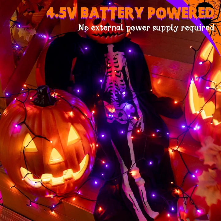 Ollny Orange and Purple Halloween String Lights 100 LED 10m (2 Packs, Green Cable, IP44 Waterproof, Battery Operated, 8 Modes)