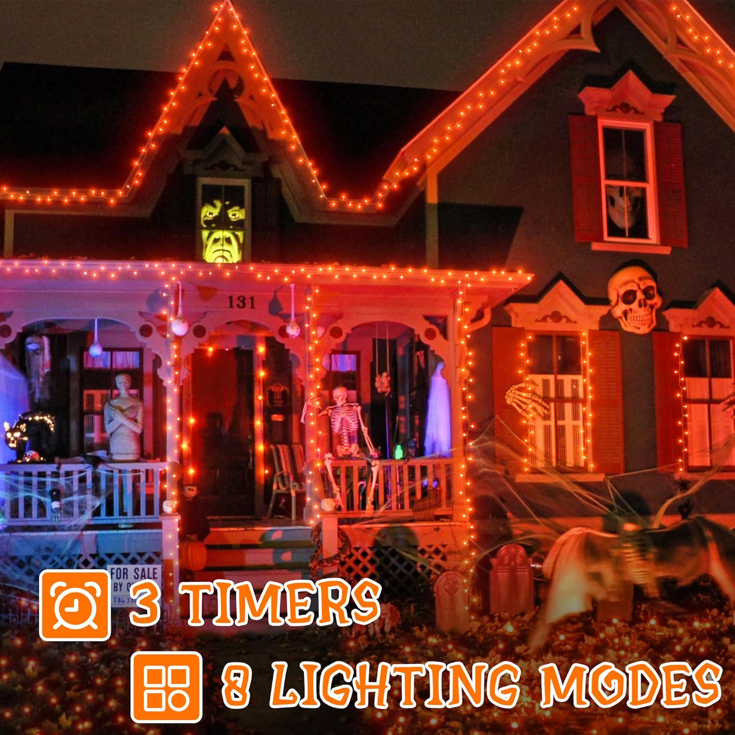 Ollny Orange Halloween String Lights (Clear Cable, Plug in, 8 Modes)