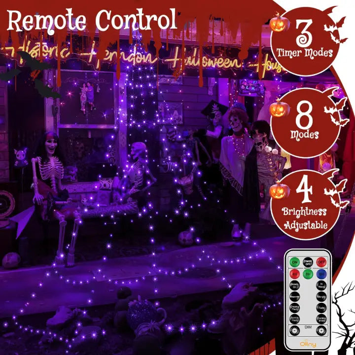 Ollny Purple Halloween Spider Web Lights 266 LED 3m (Black Cable, IP67 Waterproof, Plug in, 8 Modes)