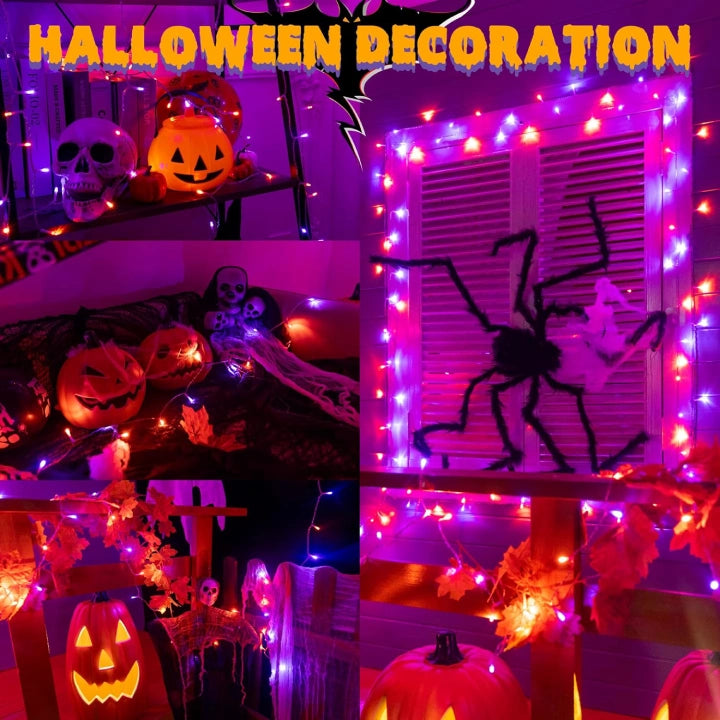 Ollny Orange and Purple Halloween String Lights 100 LED 10m (Clear Cable, IP44 Waterproof, Battery Operated, 8 Modes)