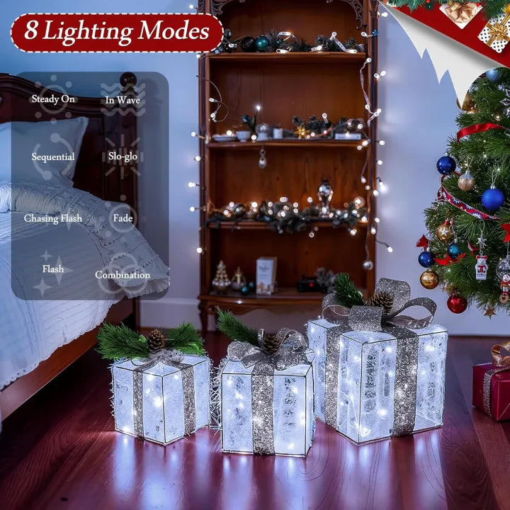 Ollny Light Up Present Boxes Cool White for Christmas(60 LED, 3 Sets, Plug in, 8 Modes)