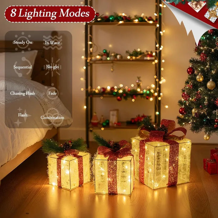 Ollny Light Up Present Boxes Warm White for Christmas (60 LED, 3 Sets, Plug in, 8 Modes)