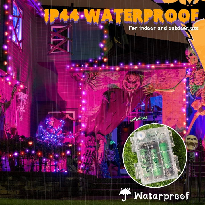 Ollny Orange and Purple Halloween String Lights 100 LED 10m (Clear Cable, IP44 Waterproof, Battery Operated, 8 Modes)