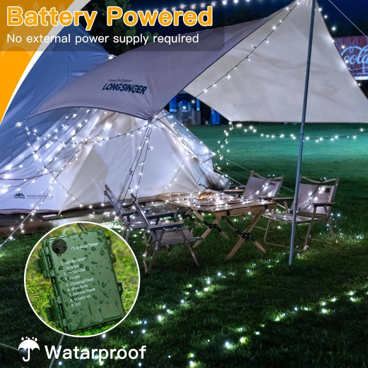 Ollny Cool White Fairy Lights 10m 100 LED(Green Cable, IP44 Waterproof, Battery Powered, 8 Modes)