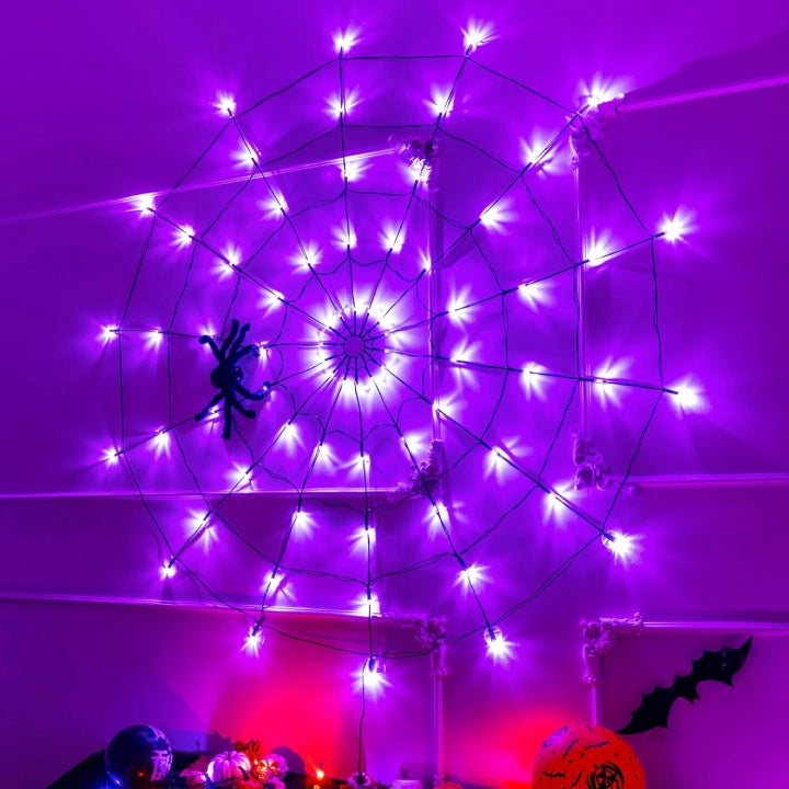 Ollny Purple Halloween Spider Web Lights 126 LED 2m Diameter (Black Cable, IP44 Waterproof, Battery Operated, 8 Modes, with Spider)