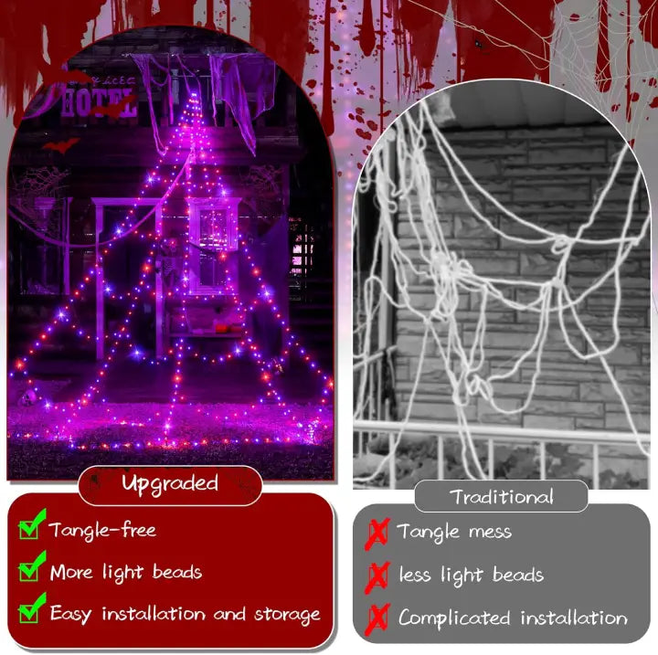 Ollny Orange and Purple Halloween Spider Web Lights (Black Cable, IP67 Waterproof, Plug in, 8 Modes)