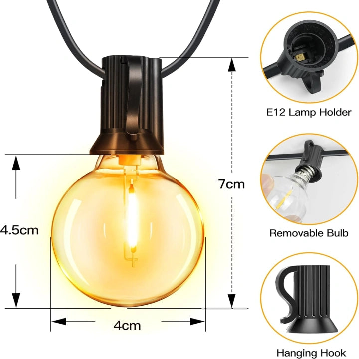 Ollny G40 Outdoor Solar Festoon Lights for Party, Yard, Porch, Gazebo, Pergola 30m (45+2 Bulbs, IP45 Waterproof, 2700k)