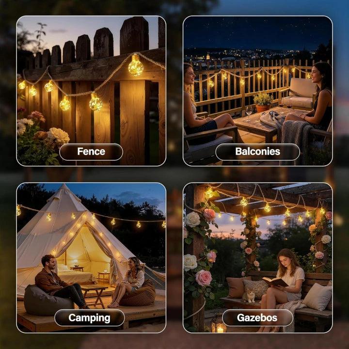 Ollny G50 Solar Festoon Lights for Garden, Gazebo, Festoon (Hemp Rope, 8 Modes, Solar/USB, IP45 Waterproof)