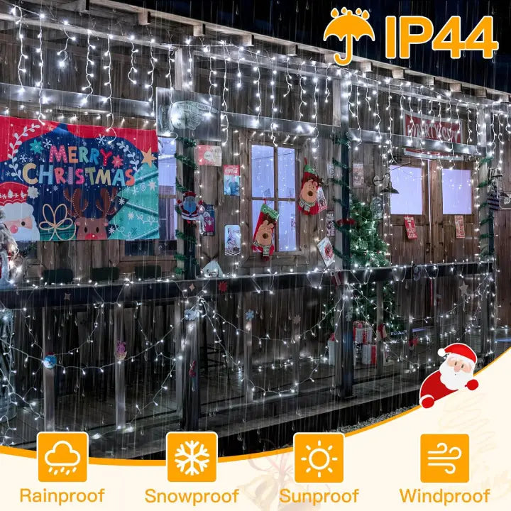 Ollny 504 LED 12.6m Cool White Christmas Icicle Lights (Clear Cable, Plug in, 8 Modes)
