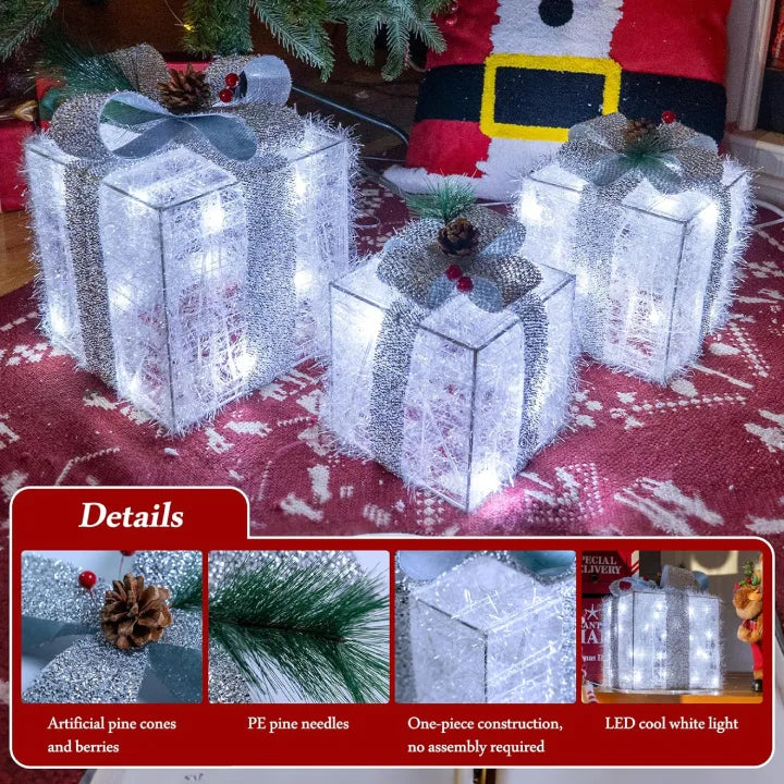 Ollny Light Up Present Boxes Cool White for Christmas(60 LED, 3 Sets, Plug in, 8 Modes)