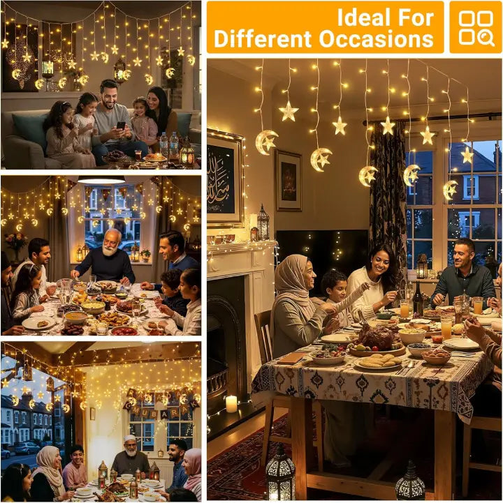 Ollny Moon Star Ramadan Fairy Lights Warm White (Plug in, IP44 Waterproof, 8 Modes)