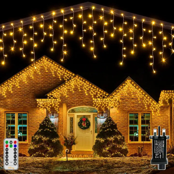Ollny 504 LED 12.6m Warm White Christmas Icicle Lights (Clear Cable, Plug in, 8 Modes)