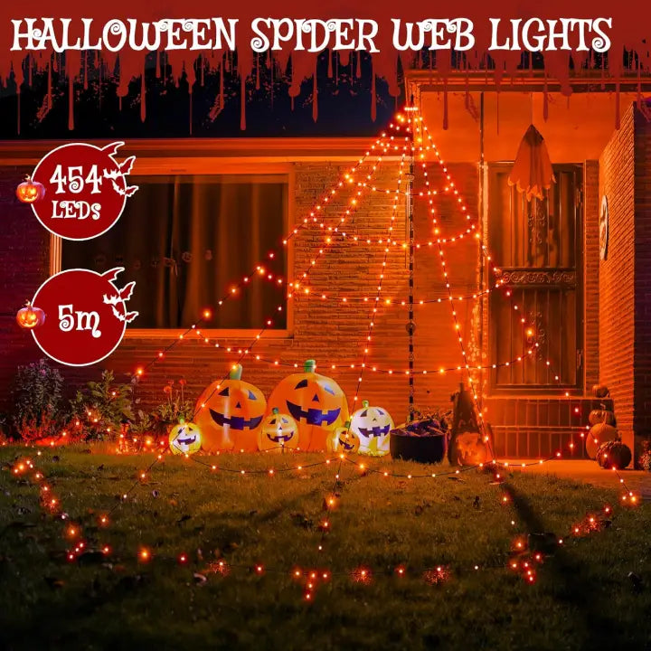 Ollny Orange Halloween Spider Net Lights 454 LED 5m (Black Cable, IP67 Waterproof, Plug in, 8 Modes)