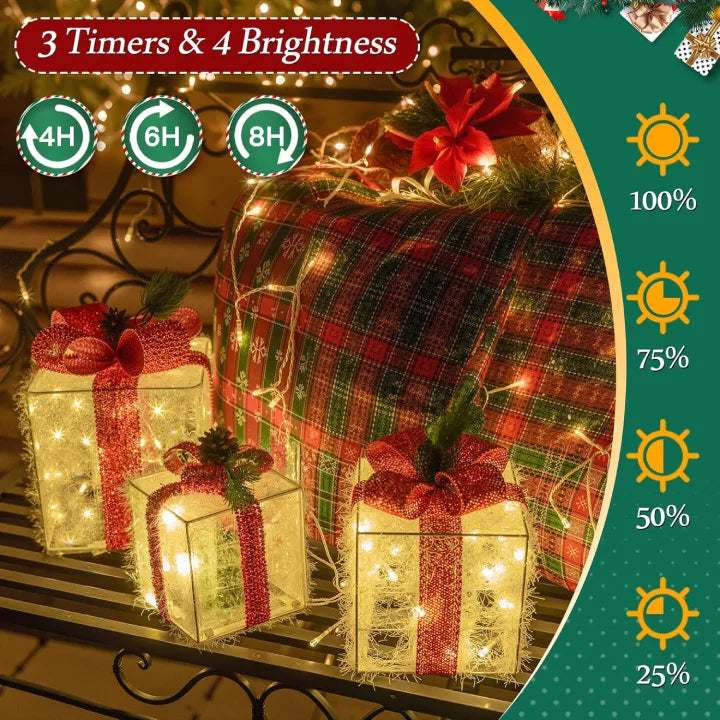 Ollny Light Up Present Boxes Warm White for Christmas (60 LED, 3 Sets, Plug in, 8 Modes)