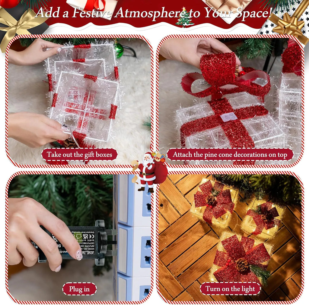 Ollny Light Up Present Boxes Warm White for Christmas (60 LED, 3 Sets, Plug in, 8 Modes)