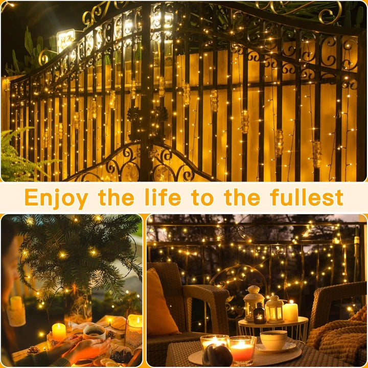 Ollny Warm White Fairy Lights 10m 100 LED(Green Cable, IP44 Waterproof, Battery Powered, 8 Modes)