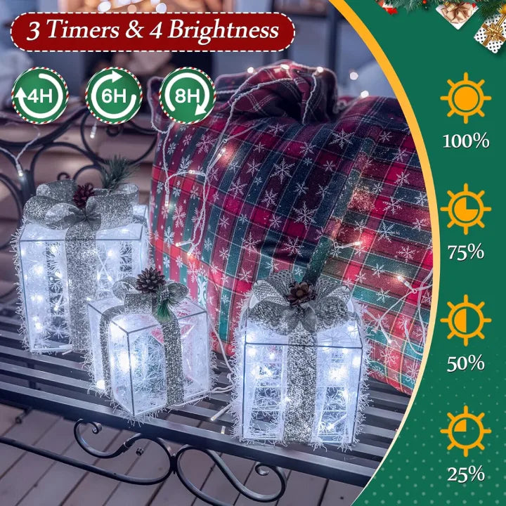 Ollny Light Up Present Boxes Cool White for Christmas(60 LED, 3 Sets, Plug in, 8 Modes)