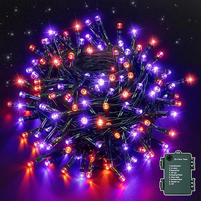 Ollny Orange and Purple Halloween String Lights 100 LED 10m (2 Packs, Green Cable, IP44 Waterproof, Battery Operated, 8 Modes)