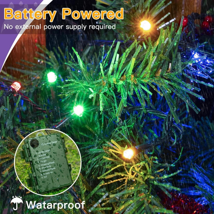 Ollny Multicolor Fairy Lights 10m 100 LED(Green Cable, IP44 Waterproof, Battery Powered, 8 Modes)
