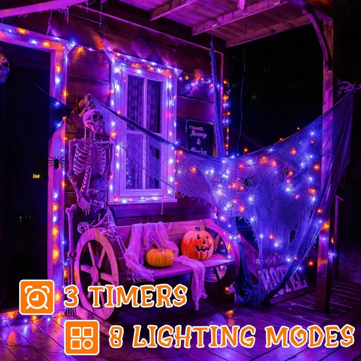 Ollny 200 LED 20m Halloween String Lights (Purple and Orange, Green Cable, Plug in, 8 Modes)