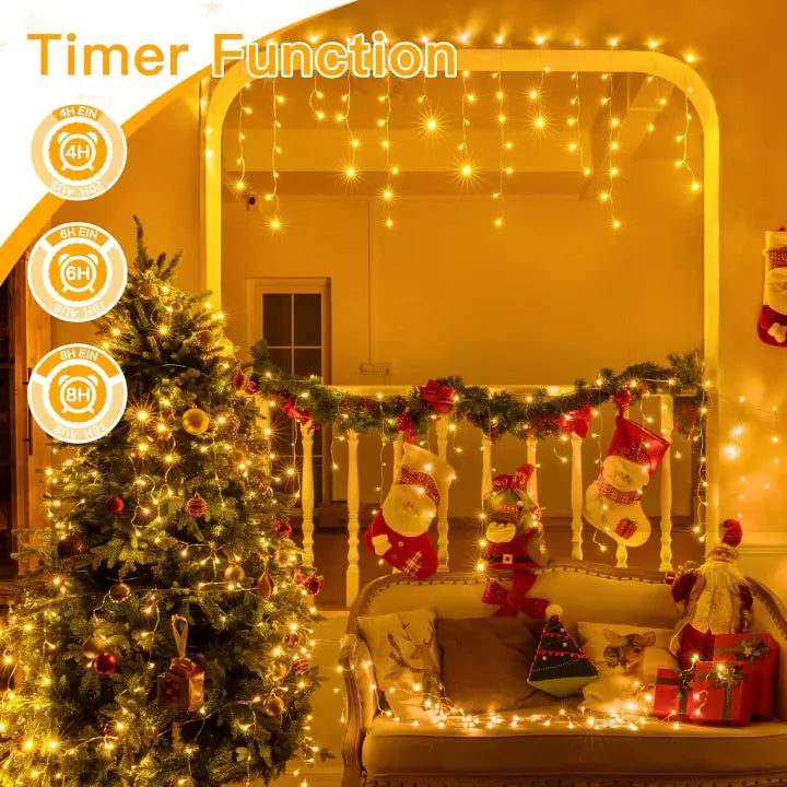 Ollny 504 LED 12.6m Warm White Christmas Icicle Lights (Clear Cable, Plug in, 8 Modes)