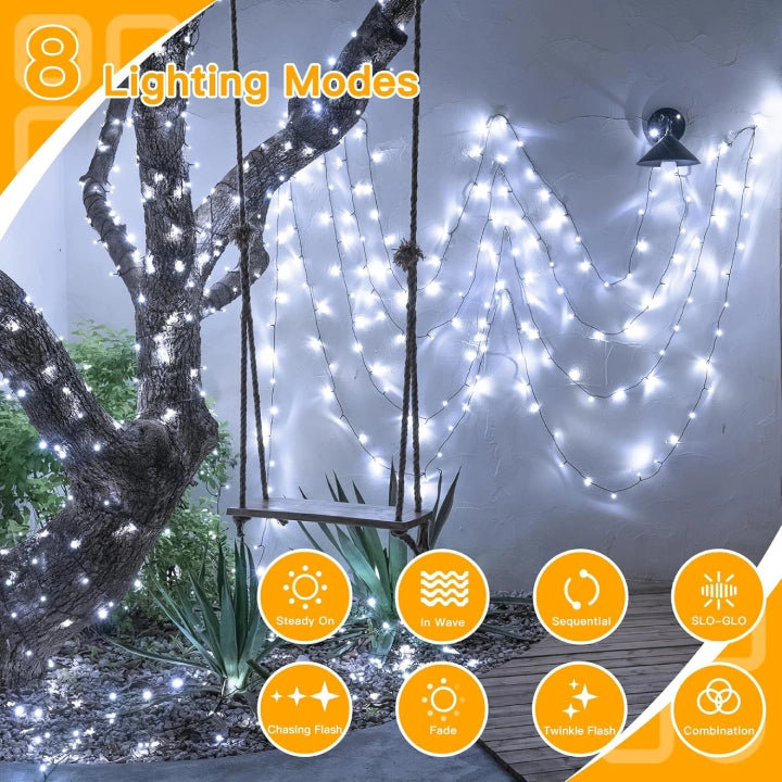 Ollny Cool White Fairy Lights 10m 100 LED(Green Cable, IP44 Waterproof, Battery Powered, 8 Modes)