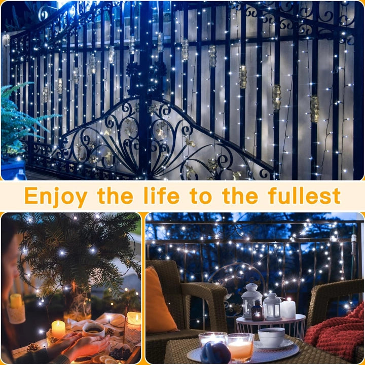 Ollny Cool White Fairy Lights 10m 100 LED(Green Cable, IP44 Waterproof, Battery Powered, 8 Modes)