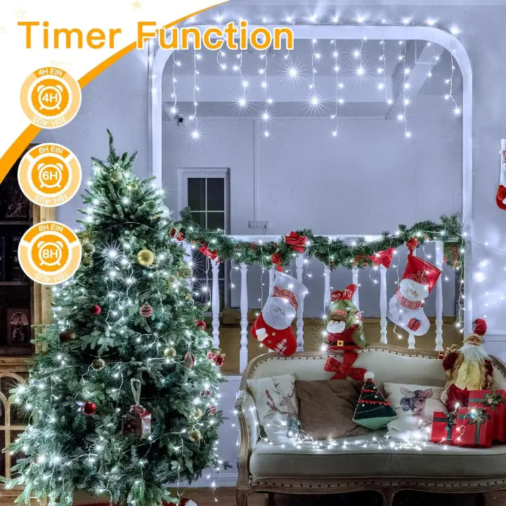 Ollny 504 LED 12.6m Cool White Christmas Icicle Lights (Clear Cable, Plug in, 8 Modes)