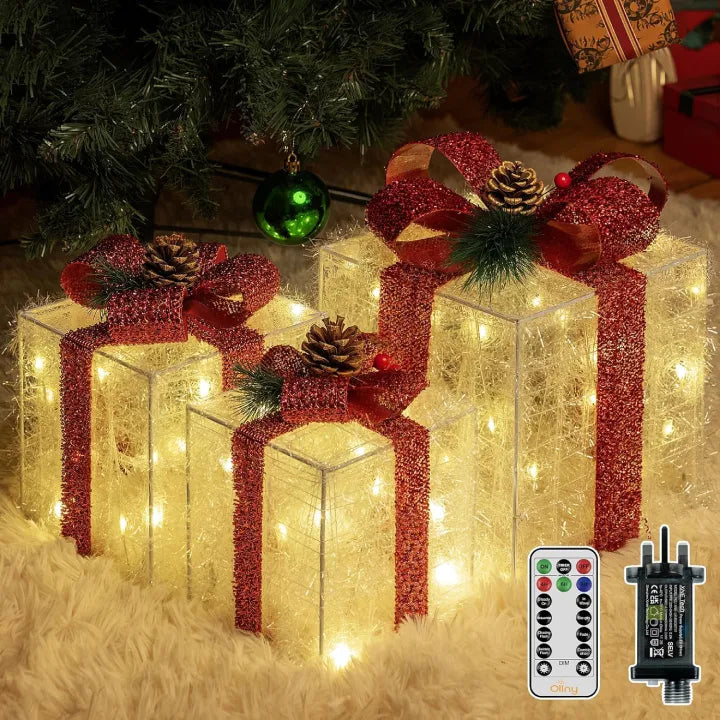 Ollny Light Up Present Boxes Warm White for Christmas (60 LED, 3 Sets, Plug in, 8 Modes)