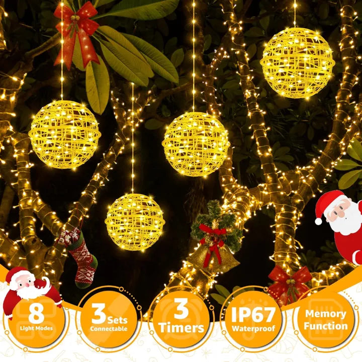 Ollny Christmas Ball Lights 4 Packs Warm White (Connectable, Plug in, IP67 Waterproof, 8 Modes)