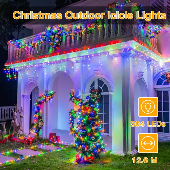 Ollny 504 LED 12.6m Multicolor Christmas Icicle Lights (Clear Cable, Plug in, 8 Modes)
