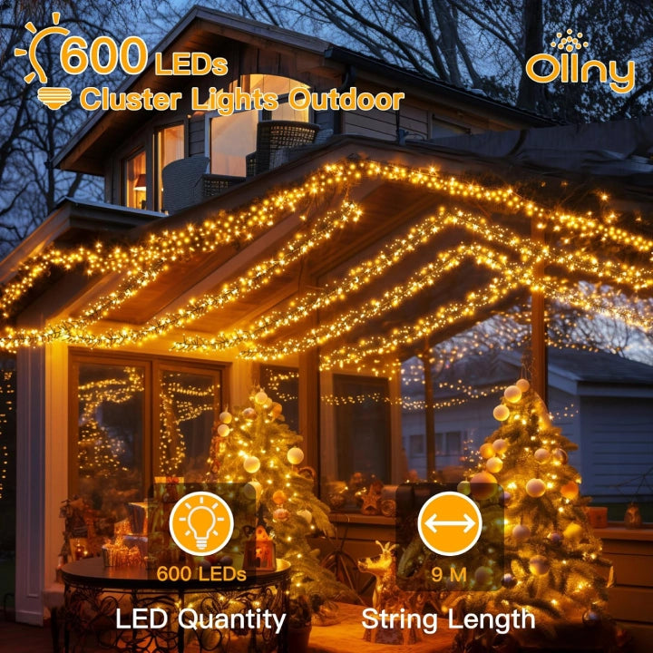 Ollny 600 LED 9m Christmas Warm White Cluster Lights (Green Cable, Plug in, 8 Modes)