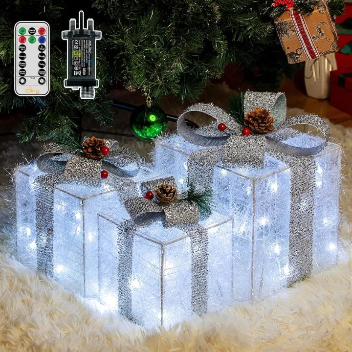 Ollny Light Up Present Boxes Cool White for Christmas(60 LED, 3 Sets, Plug in, 8 Modes)