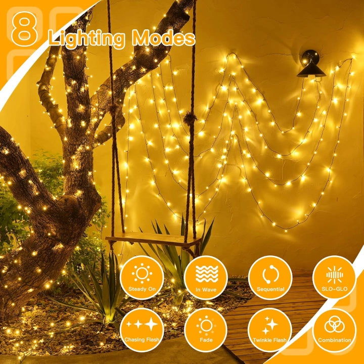 Ollny Warm White Fairy Lights 10m 100 LED(Green Cable, IP44 Waterproof, Battery Powered, 8 Modes)