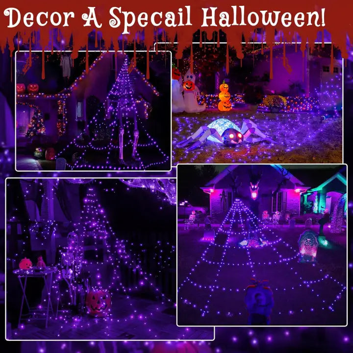 Ollny Purple Halloween Spider Web Lights 266 LED 3m (Black Cable, IP67 Waterproof, Plug in, 8 Modes)