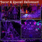 Ollny Purple Halloween Spider Web Lights 266 LED 3m (Black Cable, IP67 Waterproof, Plug in, 8 Modes)
