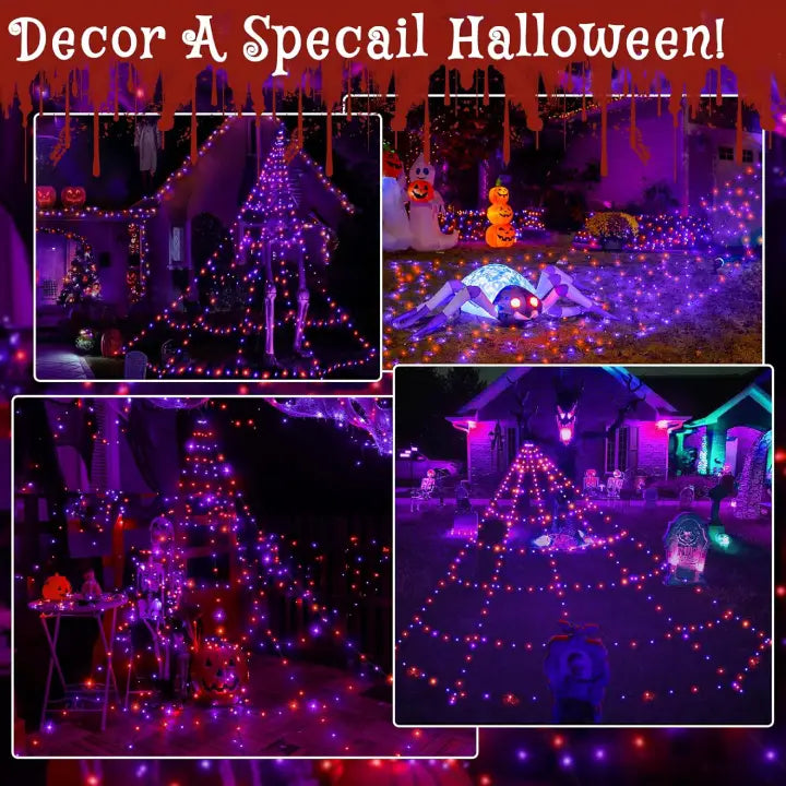 Ollny Orange and Purple Halloween Spider Web Lights (Black Cable, IP67 Waterproof, Plug in, 8 Modes)