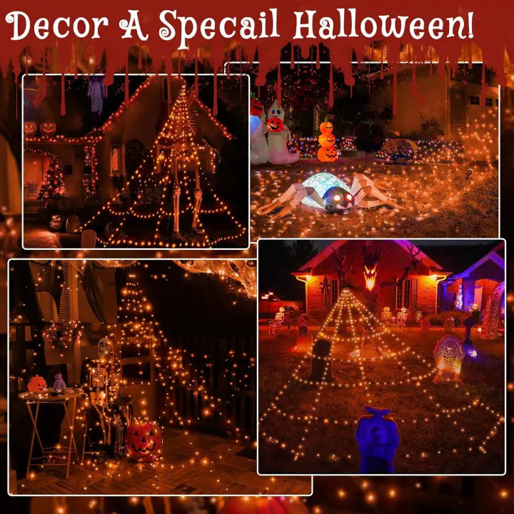 Ollny Orange Halloween Spider Net Lights 454 LED 5m (Black Cable, IP67 Waterproof, Plug in, 8 Modes)