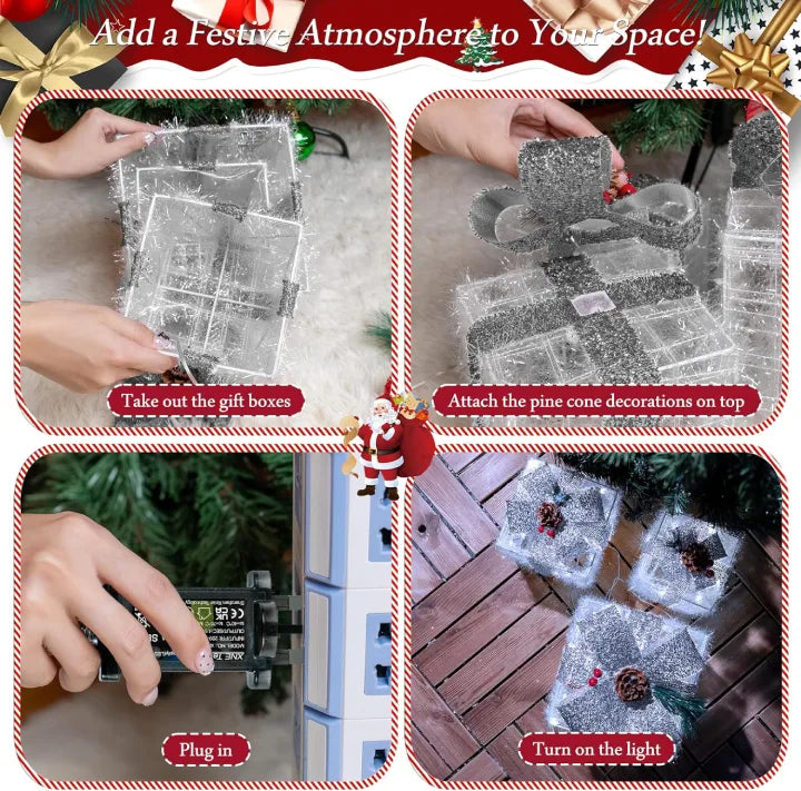 Ollny Light Up Present Boxes Cool White for Christmas(60 LED, 3 Sets, Plug in, 8 Modes)