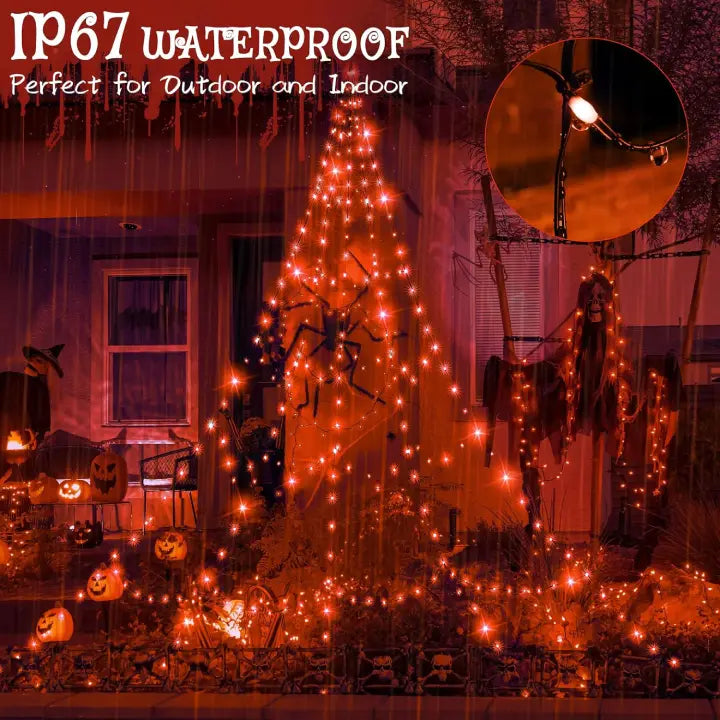 Ollny Orange Halloween Spider Net Lights 454 LED 5m (Black Cable, IP67 Waterproof, Plug in, 8 Modes)