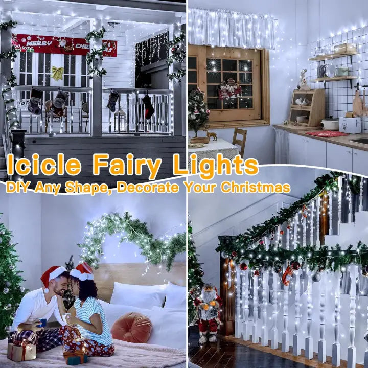 Ollny 504 LED 12.6m Cool White Christmas Icicle Lights (Clear Cable, Plug in, 8 Modes)