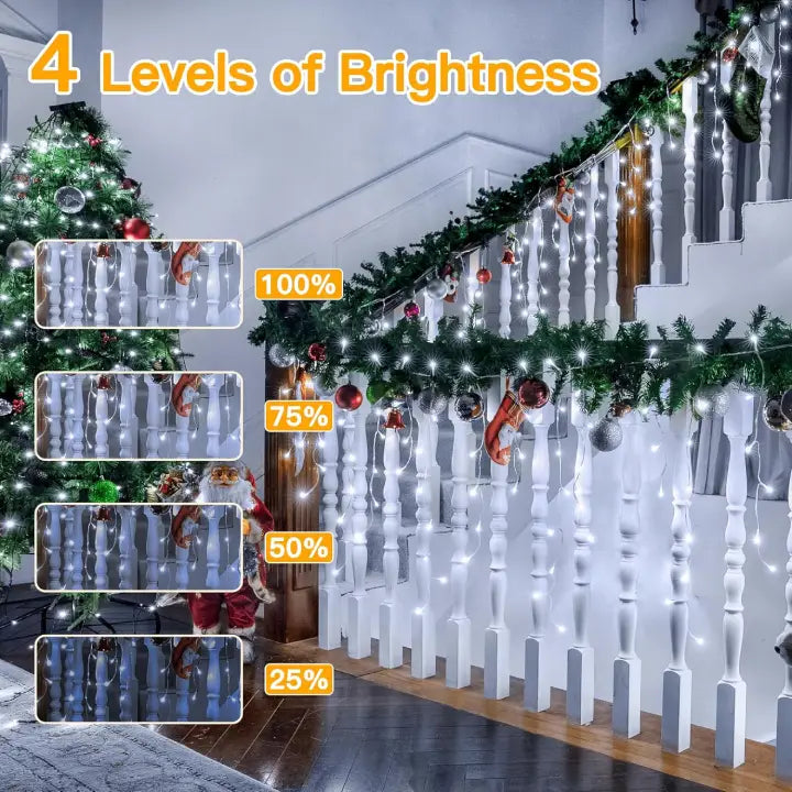 Ollny 504 LED 12.6m Cool White Christmas Icicle Lights (Clear Cable, Plug in, 8 Modes)