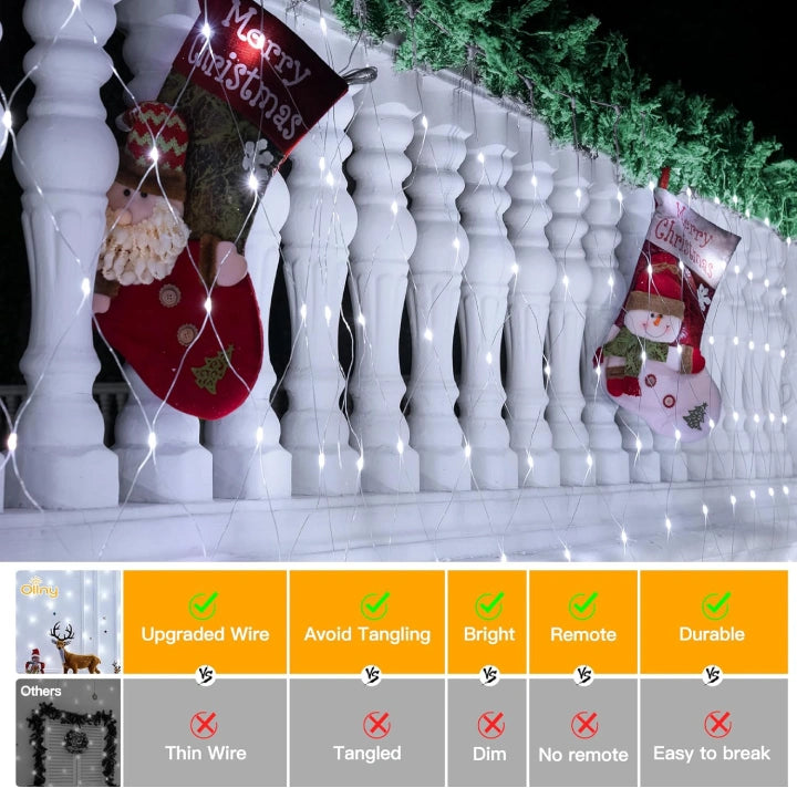 Ollny 200 LEDs 3m*2m IP67 Fairy Net Lights (Cool White, Clear Wire, Plug in, 8 Modes)