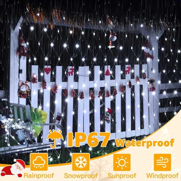 Ollny 200 LEDs 3m*2m IP67 Fairy Net Lights (Cool White, Clear Wire, Plug in, 8 Modes)