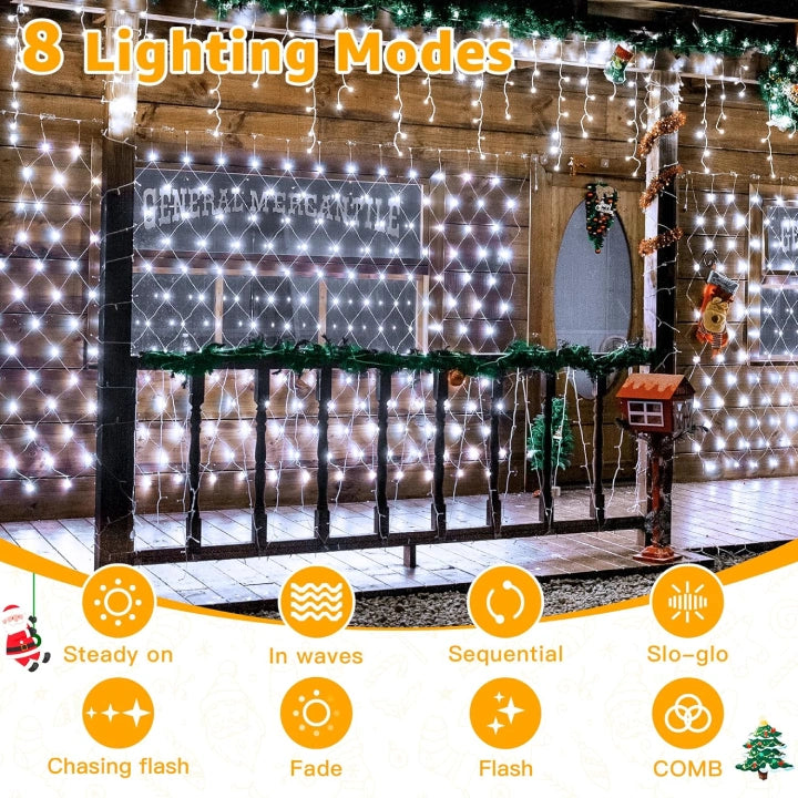 Ollny 200 LEDs 3m*2m IP67 Fairy Net Lights (Cool White, Clear Wire, Plug in, 8 Modes)
