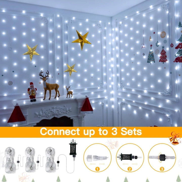 Ollny 200 LEDs 3m*2m IP67 Fairy Net Lights (Cool White, Clear Wire, Plug in, 8 Modes)