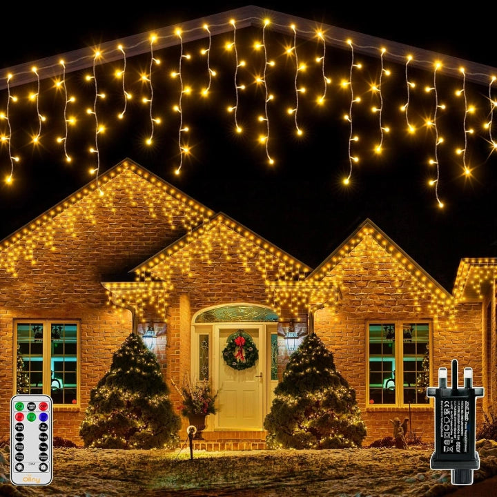 Ollny 396 LEDs 9.8m Christmas Outdoor Icicle  Lights (Warm White, Clear Cable, Connectable, 8 Modes)