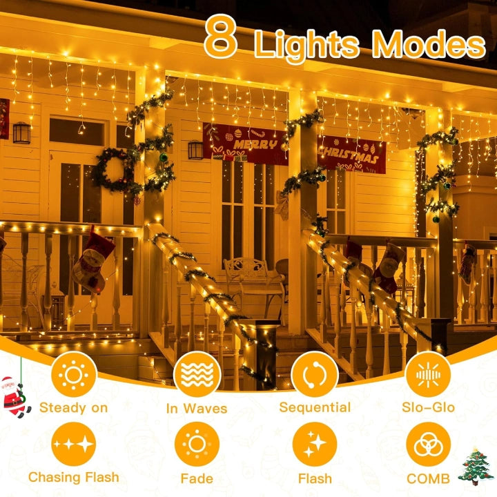 Ollny 400 LEDs 10m Christmas Outdoor Icicle  Lights (Warm White, Clear Cable, Connectable, 8 Modes)
